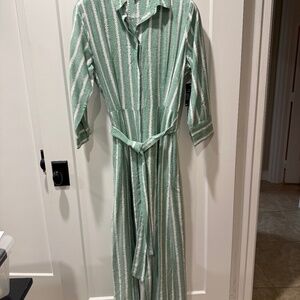 Boston Proper Maxi Dress, green with white and silver metallic stripes, size M